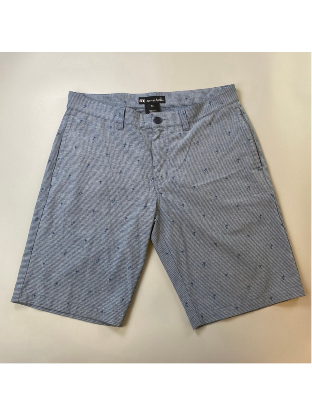 Travis Mathew Shorts Blue 34 Golf Rock the Boat Palm Tree Preppy Mint Athleisure